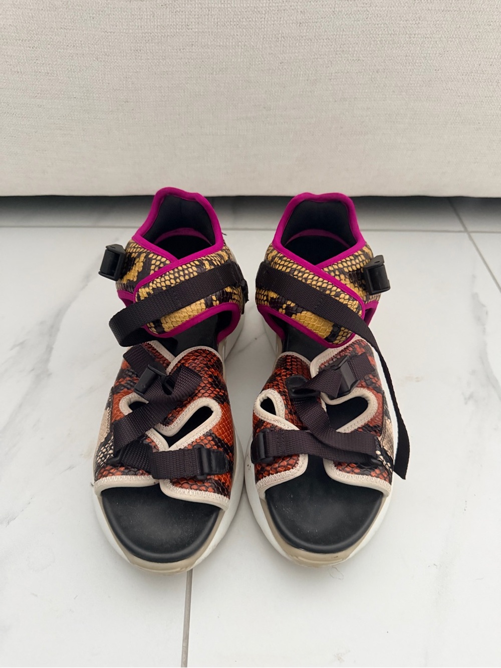 Chloe Multicolor Snake-Effect Platform Sandals with Pink Trim